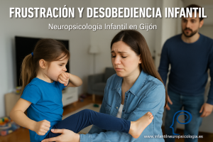 Niño mostrando frustración y padres preocupados en sesión de neuropsicología infantil en Gijón