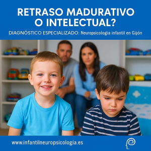 Niños de seis años con diferentes expresiones emocionales en consulta de neuropsicología infantil en Gijón, evaluación de retraso madurativo o intelectual.