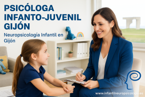 “Psicóloga infantil en Gijón realizando evaluación neuropsicológica con un niño.”
